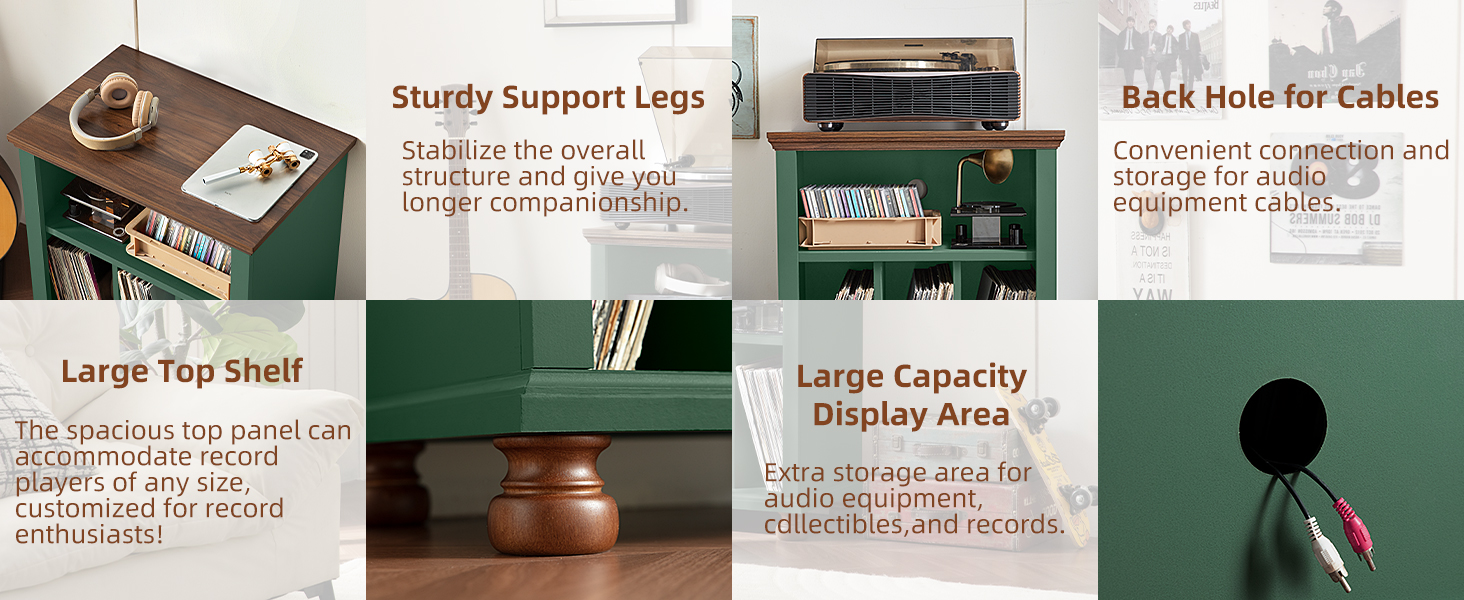 Стійка для програвача LELELINKY, полиця для платівок, місце для 200 платівок, дерев'яний стіл для програвача, полиця для платівок у вітальню, спальню, офіс (зелений)