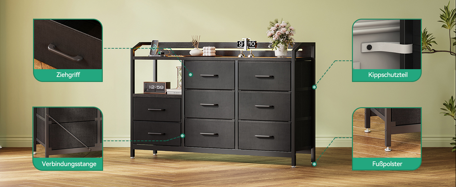 Комод ODK з висувними ящиками та LED-підсвіткою, 10 кольорів, 2 USB та 2 AC розетки, 8 тканинних ящиків, для вітальні та спальні, 110x30x88 см (Чорний)