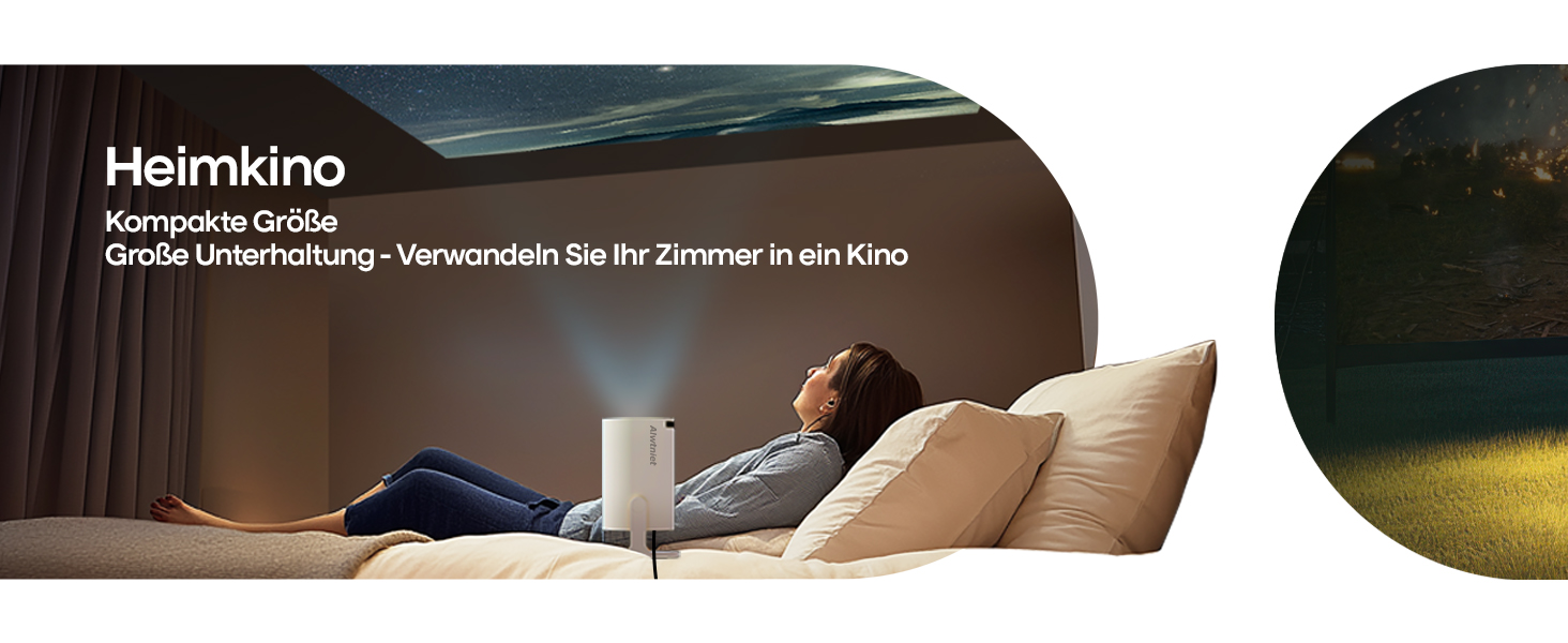 Міні-проектор Alwtniet 4K з Wi-Fi 6, Bluetooth 5.4, 5W динаміком, автоматичною корекцією трапецеїдальних спотворень, поворотним на 180°, портативний для дому та вулиці, Android 11 (ручний фокус)