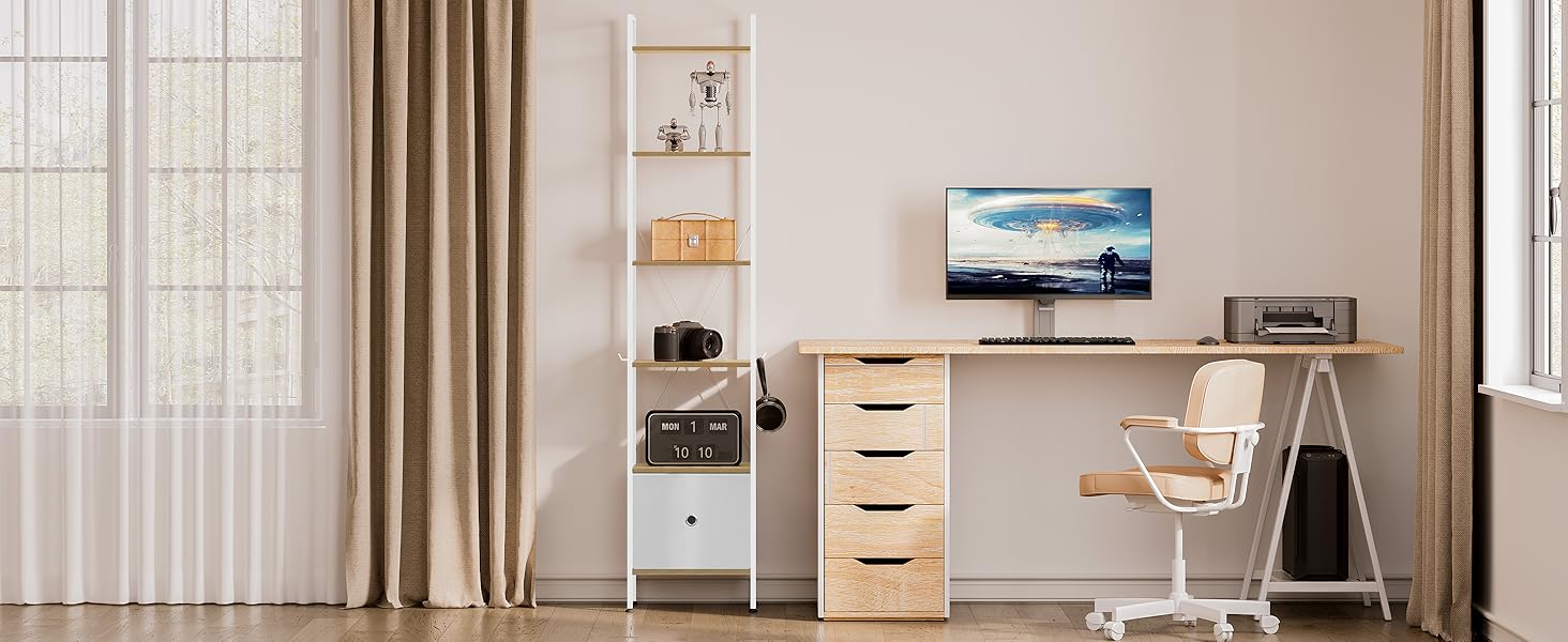 Стелаж WOLTU з 5 полицями та 2 висувними ящиками, 63x187x30 см, світлий дуб + білий