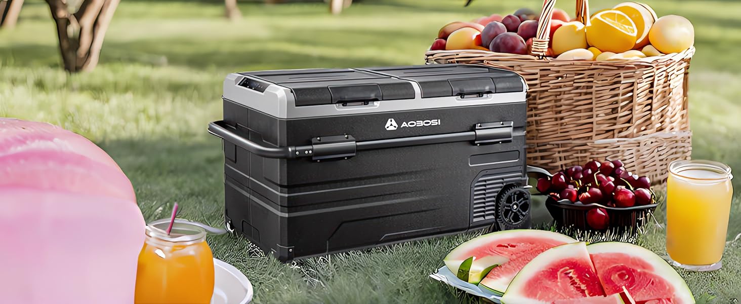 Компресорна холодильна сумка AAOBOSI з двома зонами, 115L, з Wi-Fi, USB, 12/24/240V, -20°C до 20°C для авто, вантажівки, човна, кемпінгу