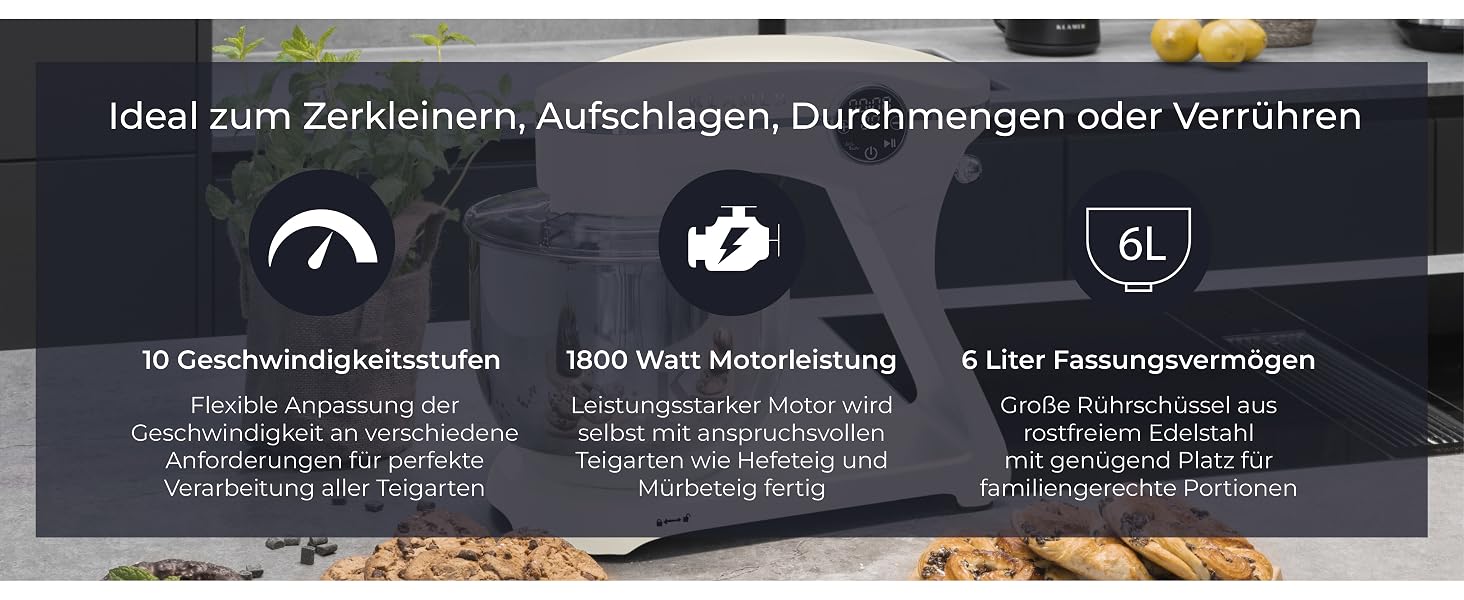 Планетарний міксер KLAMER 1800W для тіста з чашею 6л з нержавіючої сталі, 10 швидкостей, таймером та набором насадок (гак, вінчик, міксер), колір Premium Creme