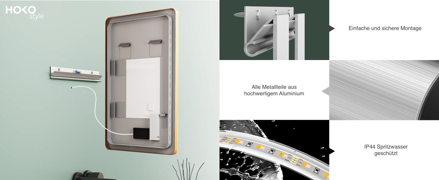 LED дзеркало для ванної кімнати HOKO Texas 60x80 см / 80x60 см з підсвічуванням, протитуманним покриттям та чорним металевим каркасом. Можливість встановлення вгору та вбік. Сенсорне керування + світло, регулювання кольору 2700-6500K (тепле, холодне, нейтральне біле світло). З покриттям Anti-Fog (80 см x 60 см)