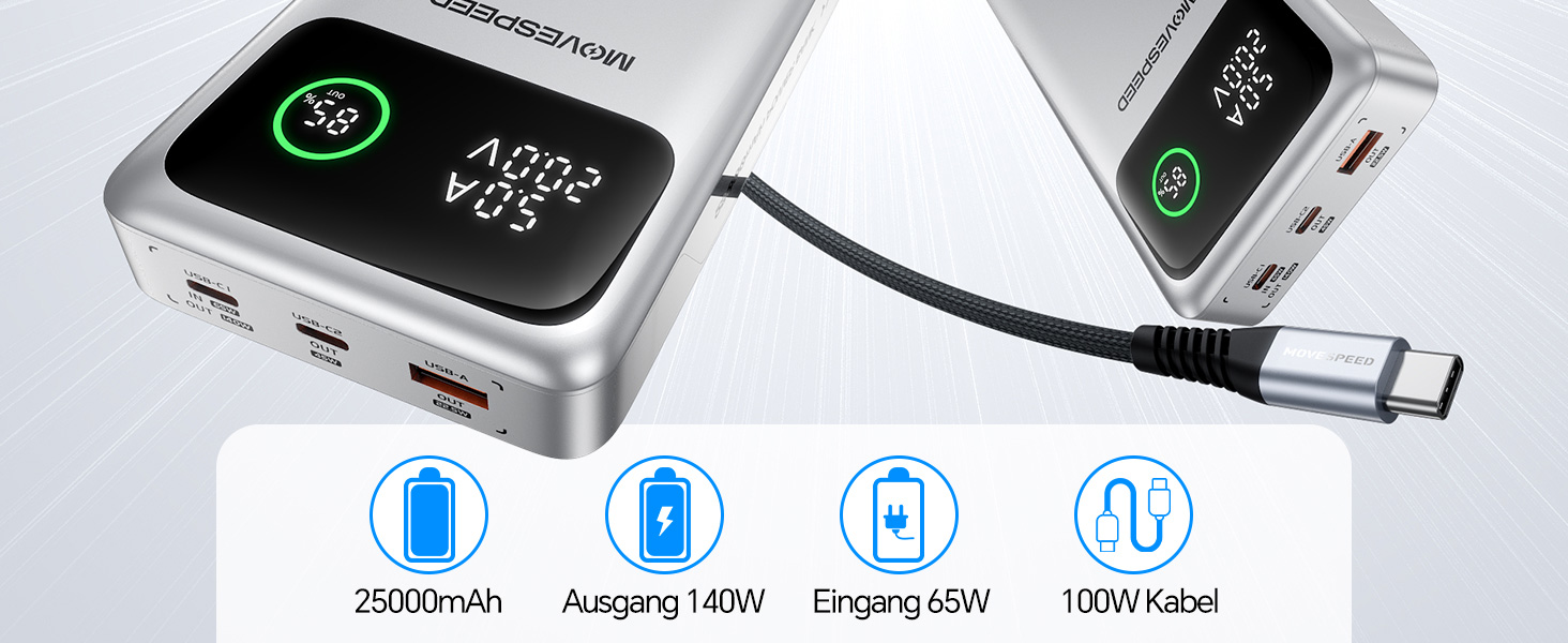 Power Bank MOVESPEED 145W 25000mAh з 3 USB-портами, PD 3.1, Digital Display - для ноутбуків, iPhone, Galaxy, iPad