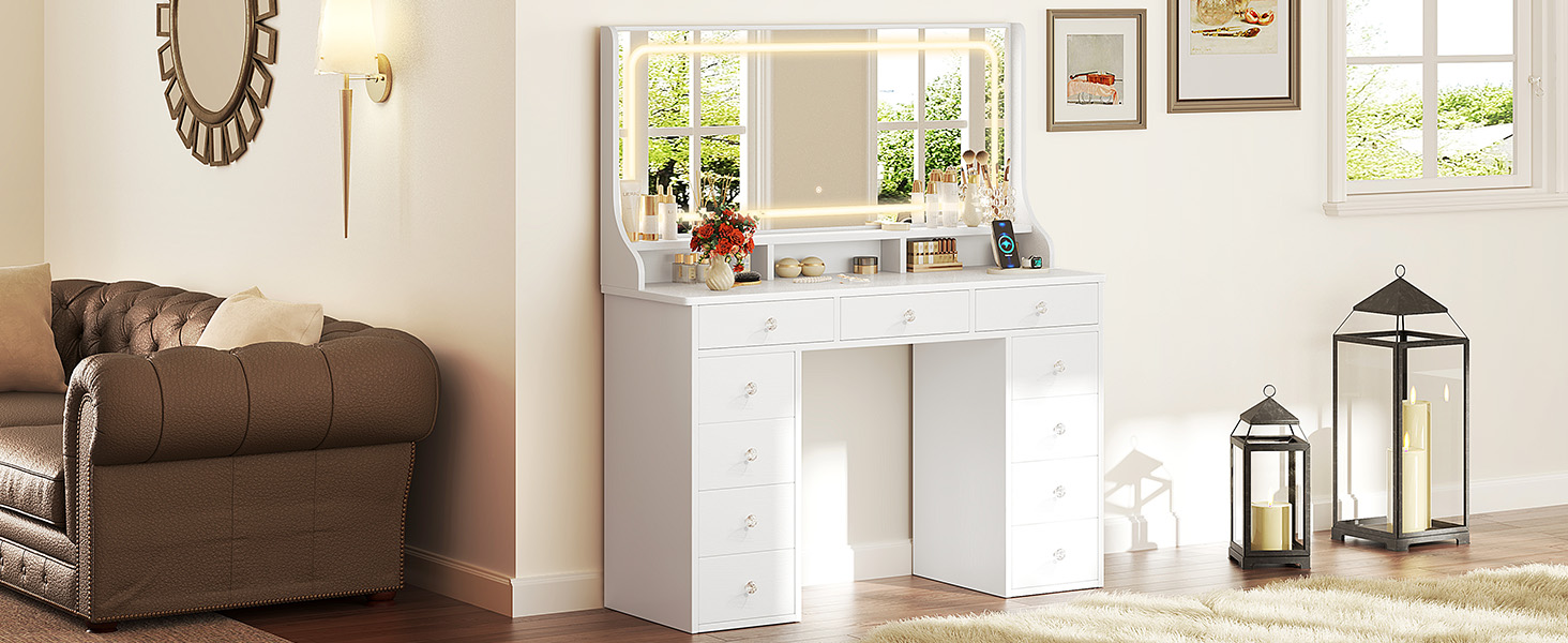 Діплекс туалетний столик з підсвіткою, 110 см, з 11 шухлядами та LED-дзеркалом, білий. Сучасний туалетний столик для спальні та гардеробної