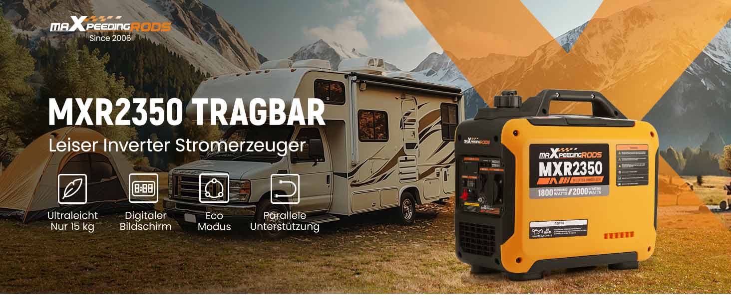 Інверторний генератор maXpeedingrods 2000W, бензиновий, 4-тактний з USB та 230V, цифровий дисплей, компактний, для кемпінгу та подорожей