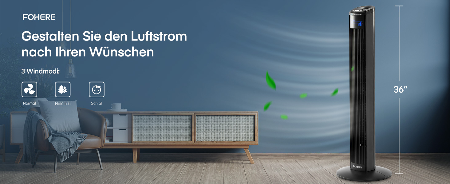 Вентилятор підлоговий FOHERE Leiser Turmventilator 91 см з пультом, таймером та нічним режимом, чорний