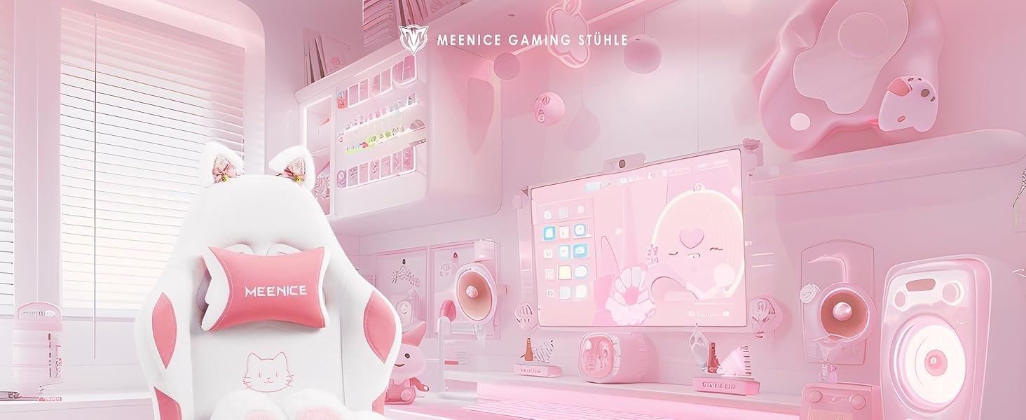 Ігровий крісло MEENICE Pink Katze з підголовником у вигляді лапки кота та вушками, з підніжкою, ергономічний ПК стілець для дітей та дорослих, рожево-білий, 200 кг