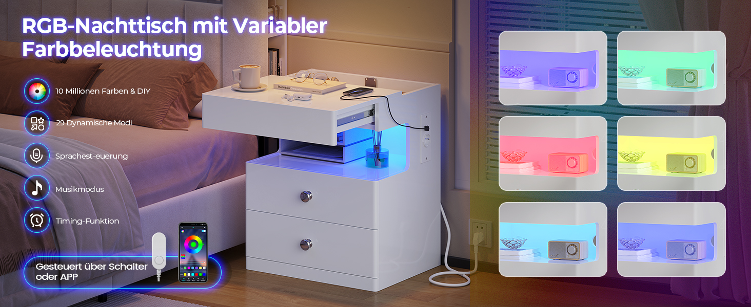 Нічний столик AOGLLATI з секретною поличкою, розеткою та LED-підсвіткою. 2 шухляди, висувний ящик, полиця. Білий, 40x35x59 см