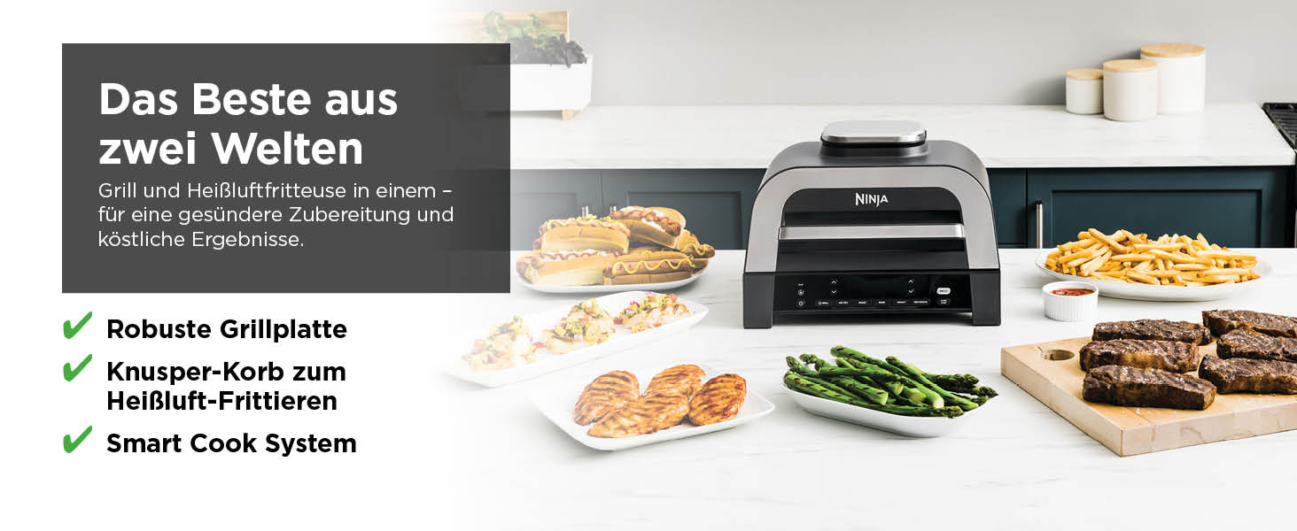 Ninja MAX 6-в-1 гриль та фритюрниця з гарячим повітрям для дому, 6 функцій приготування, об'єм 3.8 л, цифровий термометр, сірий/срібний, DG551EU