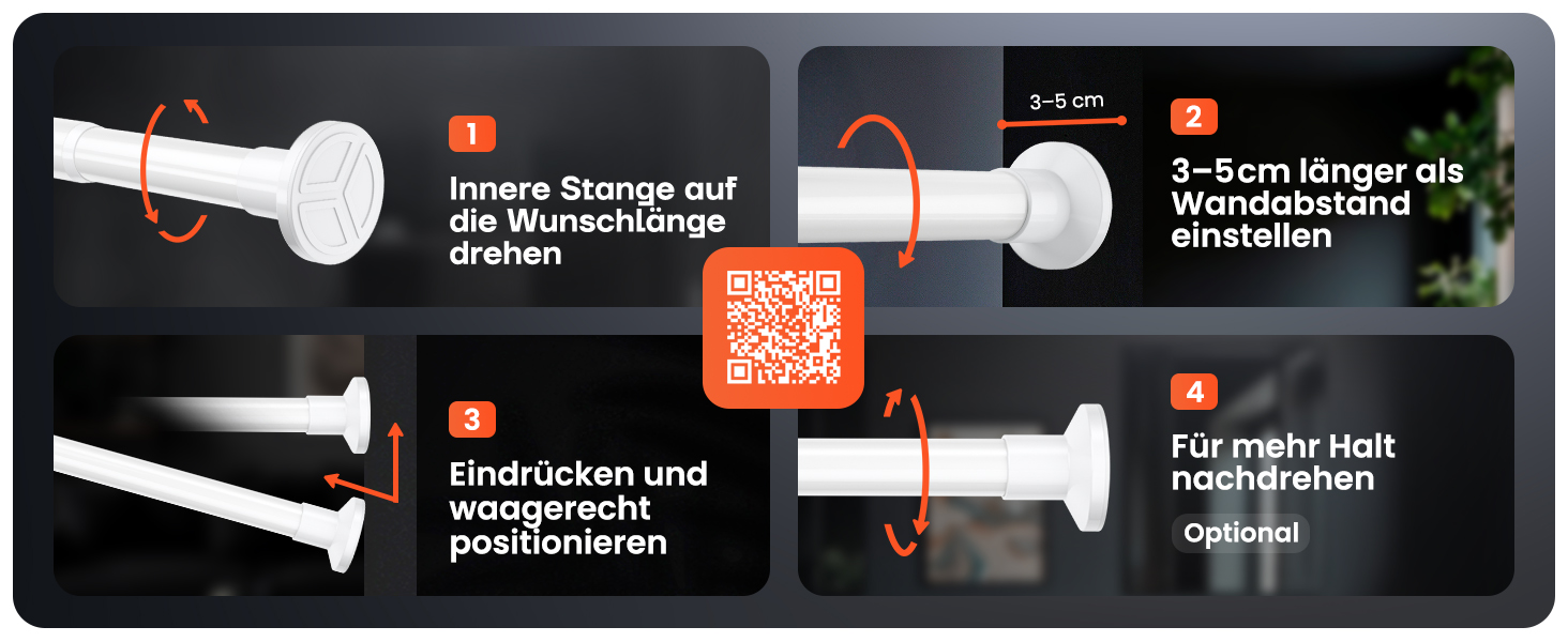 Телескопічна штанга для кріплення 260-310 см, Ø 25 мм, багатофункціональна штанга без свердління - для штор, душових завіс, ванної кімнати та балкону (90-160 см, біла)