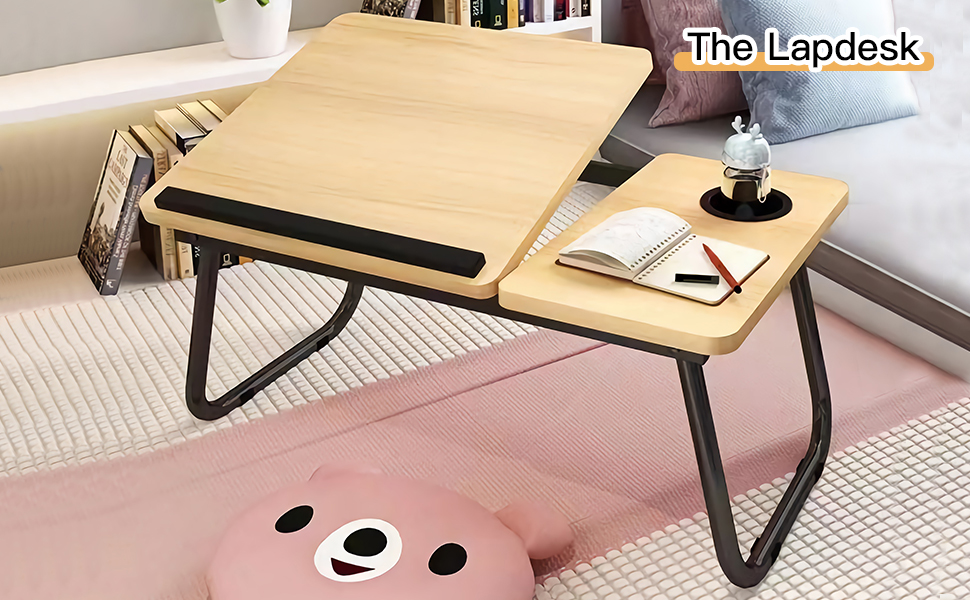 Столик для ноутбука та ліжка з регульованими ніжками та тримачем для чашки, підставка для ноутбука, піднос для сніданку, столик для читання на диван, ліжко, терасу, балкон (Білий, Горіх)