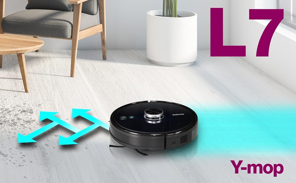 Робот-пилосос SALENTE L7 з функцією миття, 360° лазерна навігація, Wi-Fi, SLAM-картування, керування через додаток. Підходить для підлоги, паркету, килимів та видалення шерсті тварин. UV-стерилізація.
