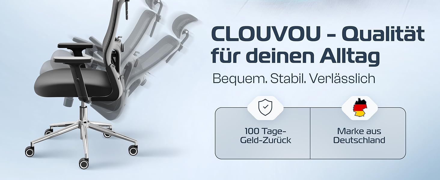Крісло CLOUVOU BrightSeat: ергономічне офісне крісло з регулюванням | Комп'ютерне крісло для дому та офісу | Чорний | До 150 кг