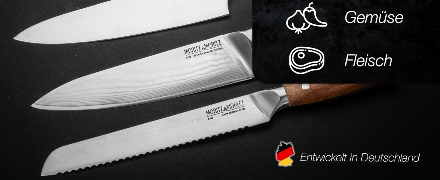 Ніж кухарський Moritz & Moritz Damastmesser 20 см - професійний ніж з дамаської сталі 67 шарів - кухонний ніж з ергономічною ручкою з акації