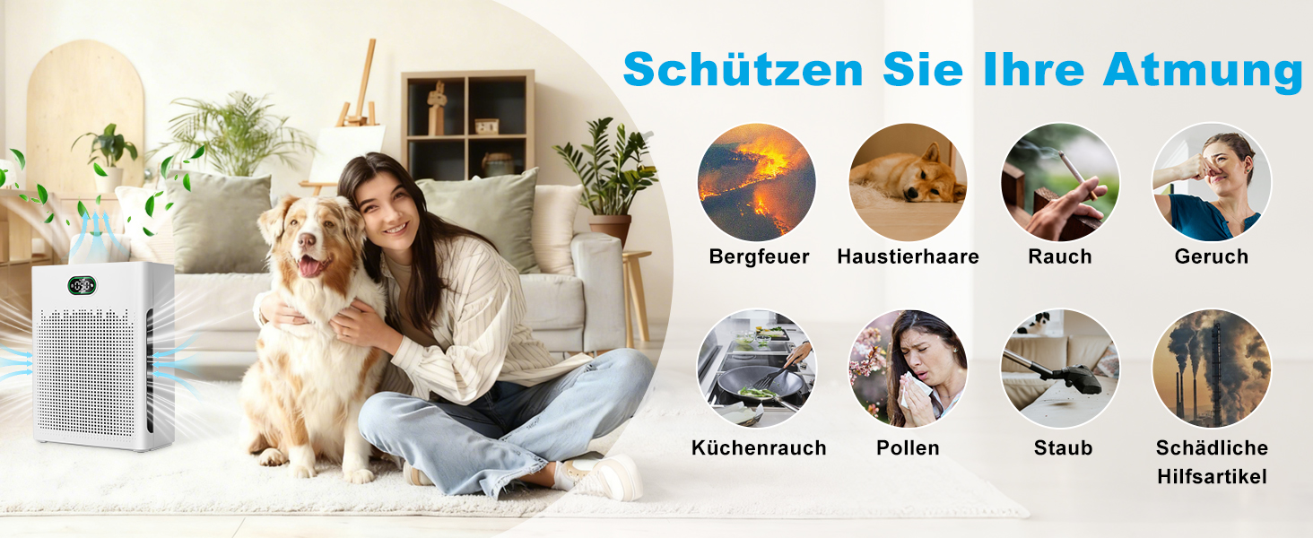 Повітряочисник HEPA з керуванням через додаток, LED-дисплей, тихий режим (22 dB), CADR 250 м³/год, для кімнат до 90 м², режим для тварин, видаляє 99,97% пилу, пилку, шерсті та запахів