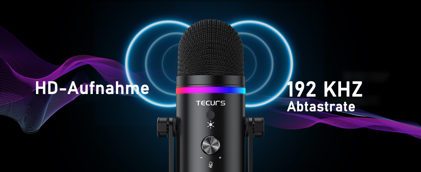TECURS Мікрофон USB для ігор з RGB підсвічуванням, шумозаглушенням та студійним звуком – для стрімінгу, подкастів, PC, Mac, PS4, консолі, чорний
