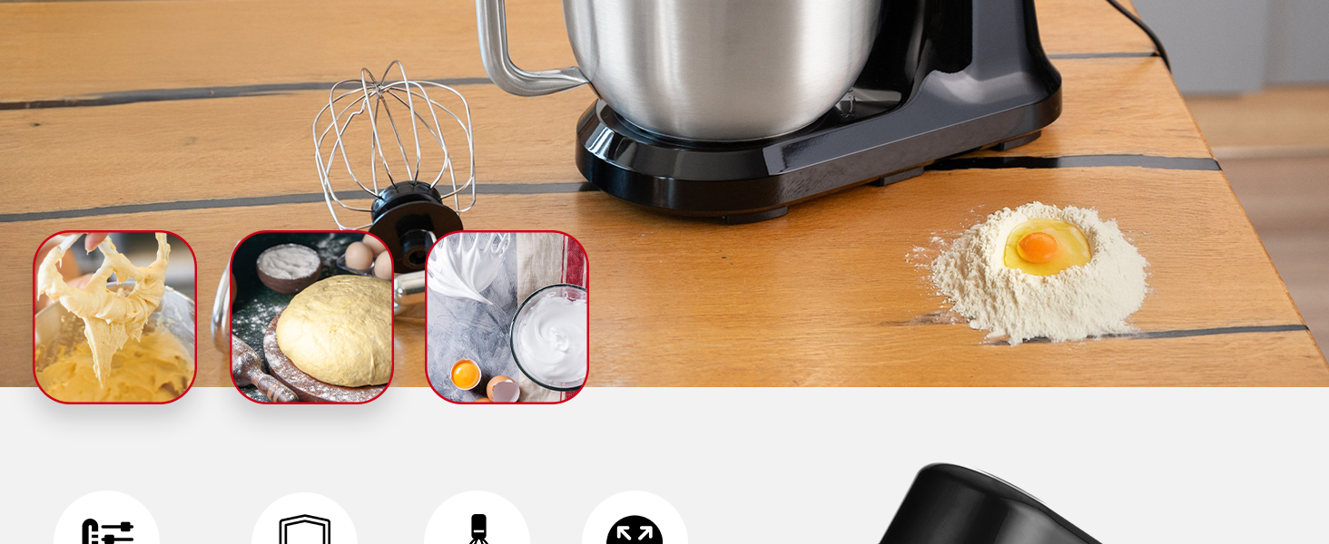 Кухонна машина Lehmann - планетарний міксер з набором аксесуарів - 3 насадки, захист від бризок, 5л чаша, 12 швидкостей, захист від перегріву, неслизька, чорний