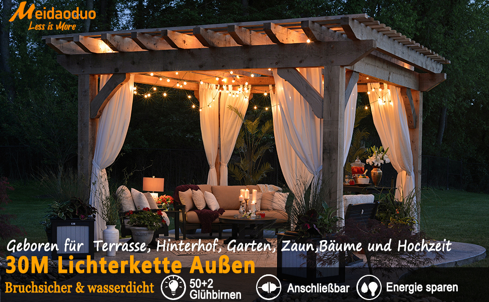 Ланцюжок прикрас для дому та саду 30м LED ST45, теплі світлодіоди 2700K, E27, IP65, вологостійкий, для вечірок та святкування