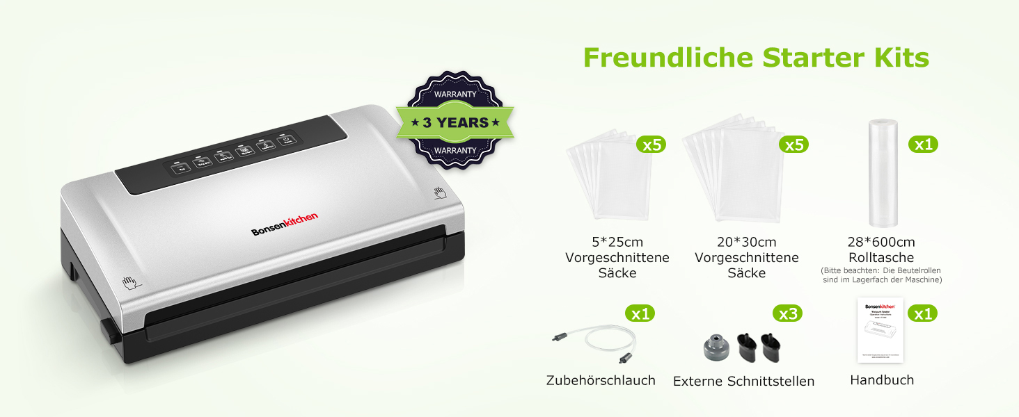 Вакууматор Bonsenkitchen для продуктів, потужний вакуумний пакувальник з 5 режимами, 8 л/хв, технологія Globefish, чорний (комплект: 5 пакетів та 1 рулон)