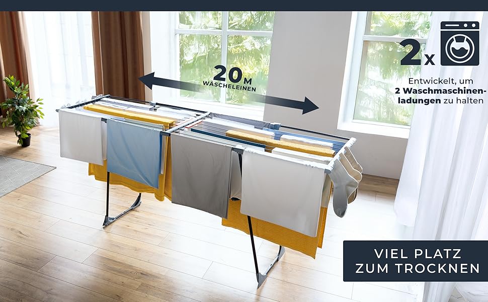 Розкладна сушарка для білизни Phoenix XXL – 20 м сушильної поверхні, чорна, стабільна, з клямками
