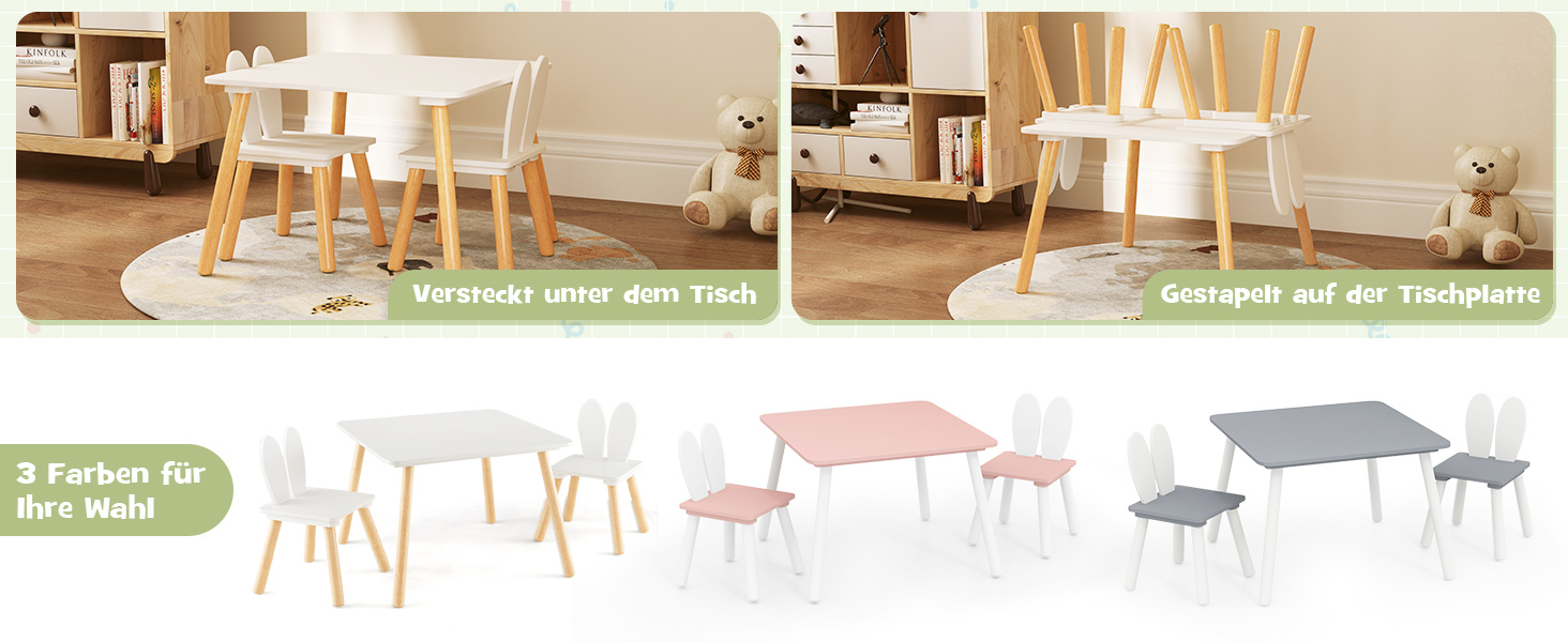 Дитячий стіл з 2 стільцями COSTWAY, 3 шт. - дитяча меблева група з масивних ніжок та спинка у вигляді вушок кролика, квадратний ігровий стіл, меблі для дітей 3-6 років (білий)