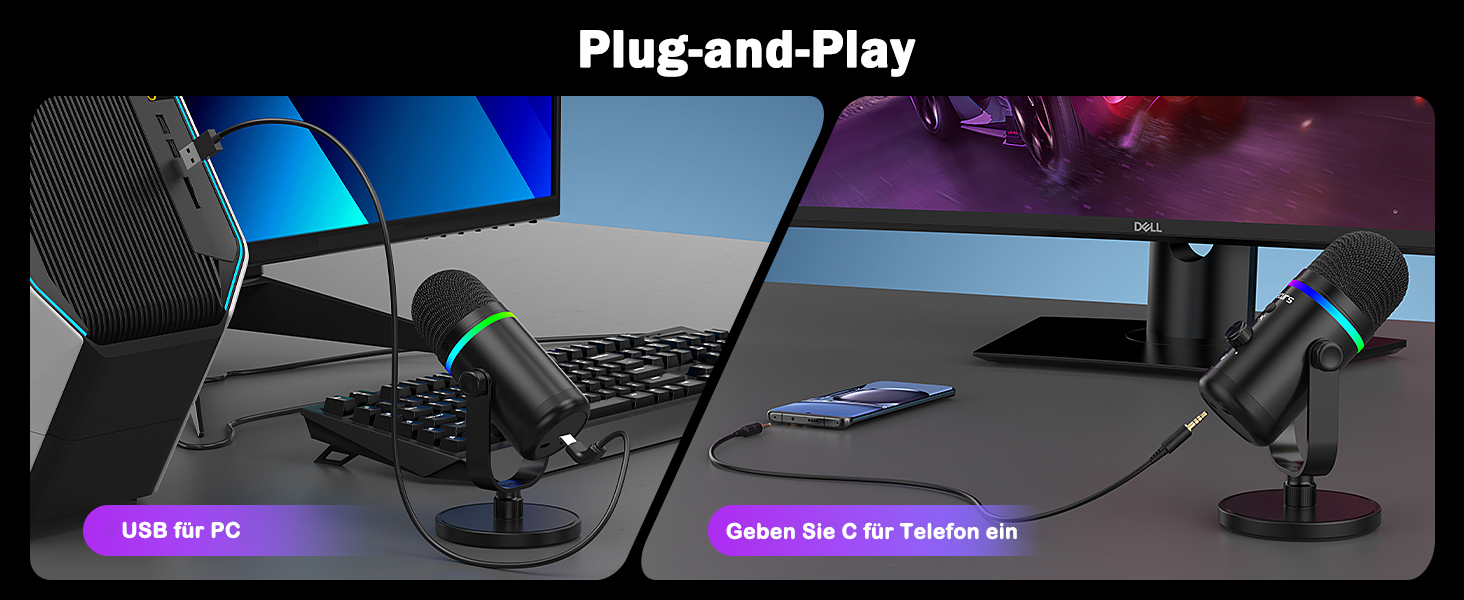 TECURS Мікрофон USB для ігор з RGB підсвічуванням, шумозаглушенням та студійним звуком – для стрімінгу, подкастів, PC, Mac, PS4, консолі, чорний