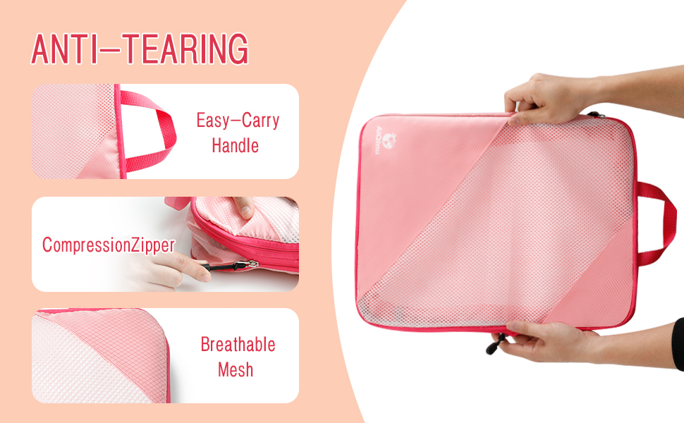Набір компресійних органайзерів для подорожей AiQInu (5 шт.), ультралегкі сумки для пакування одягу в валізу з мішком для взуття та прання, рожеві