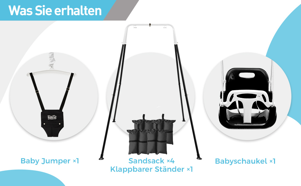 FUNLIO Набір гойдалок 2-в-1 та дверний вистрибувач для малюків, гойдалки для дітей з 4 мішками з піском, складаний металевий стійка для використання в приміщенні та на вулиці, легко збираються та зберігаються - (Чорний)