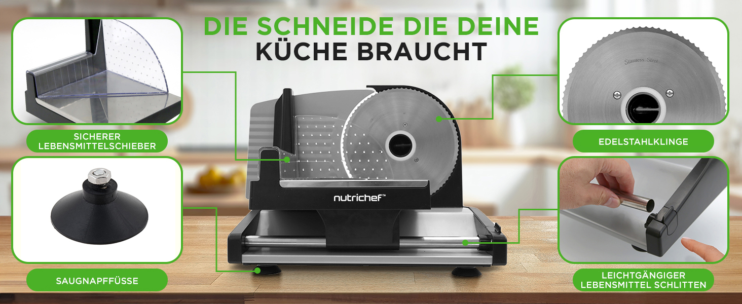 Електричний універсальний слайсер NutriChef 200W для хліба, м'яса, сиру та овочів, товщина нарізки 0–15 мм, ніж з нержавіючої сталі 19 см