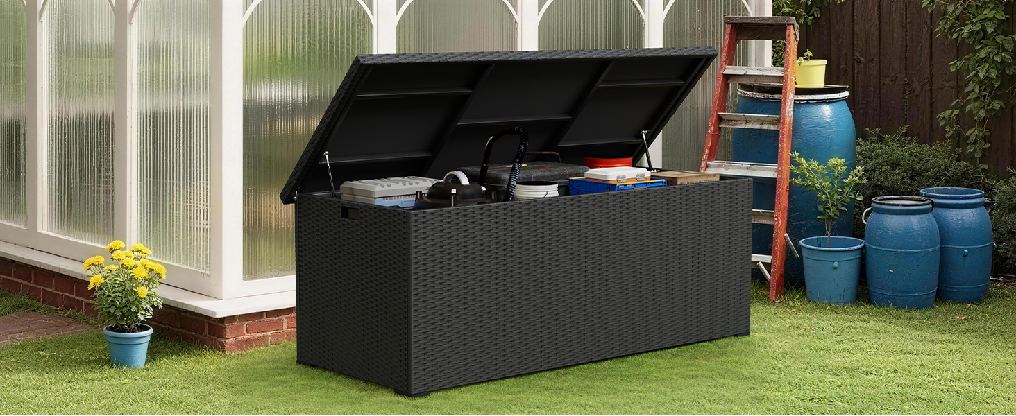 Скриня для подушок садових Polyrattan Amopatio 650л, водонепроникна, з газліфтом, чорна. Ящик для зберігання для саду та балкону