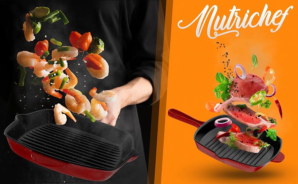 Сковорода-гриль NutriChef 30x43 см з чавуну з антипригарним покриттям, для стейків, з насадками для збору жиру, ідеальна для хрусткої обсмажки