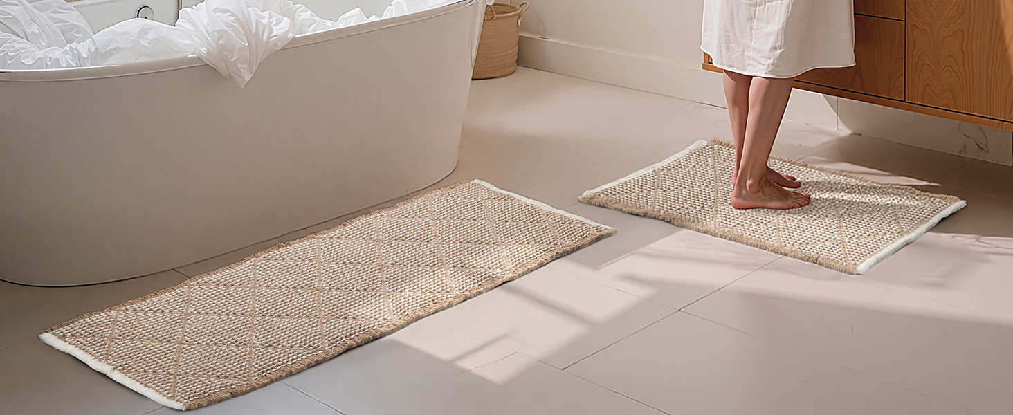 Набір килимків для ванної кімнати (2 шт.) - великий та середній, неслизькі, пранні, бохо-стиль, 51x120 см + 46x77 см, коричневий