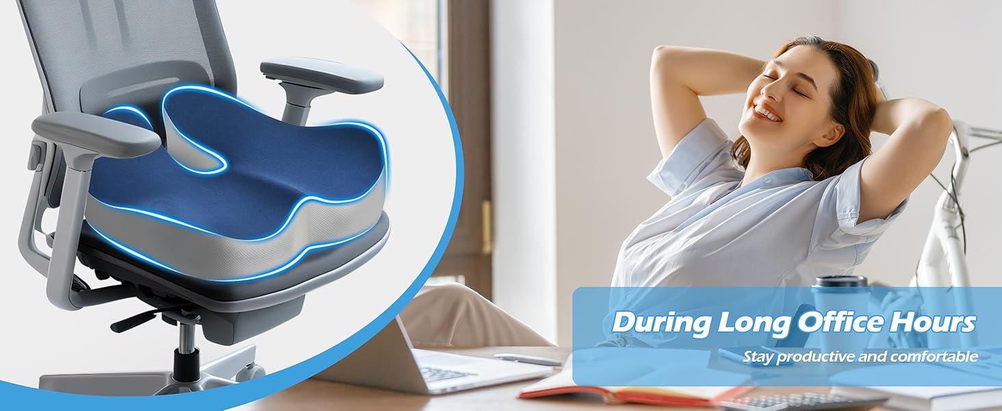 Подушка ортопедична для офісного крісла Lofty Aim з піни Memory Foam: підтримка попереку, куприка, зняття болю, для офісу, авто, літака, інвалідного візка – чорний, синій та сірий