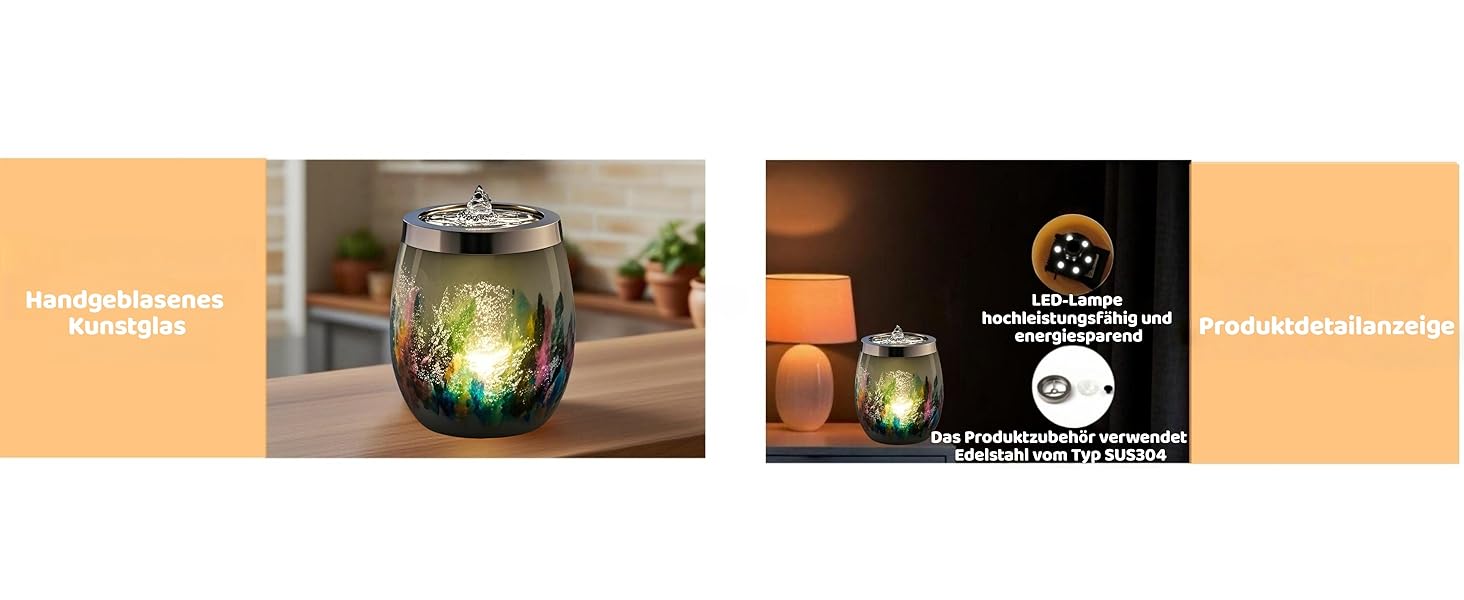 Декоративний скляний фонтан VOREEN з LED-підсвіткою, ручної роботи, жовтий, 15 см — заспокійливий фонтан для вітальні, спальні та офісу