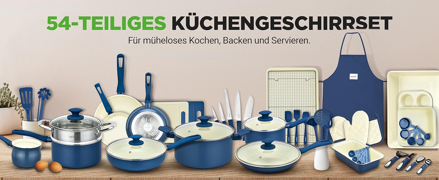 Набір посуду NutriChef 54 елементи: сковороди, каструлі, кухонні аксесуари, ножі, форми для випічки, для приготування здорової їжі (синій)