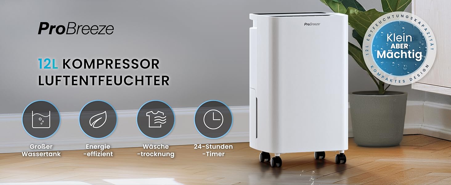 Електричний осушувач повітря Pro Breeze 20 л/24г з режимом прання, датчиком вологості та таймером. Захист від плісняви, для приміщень до 35 м²
