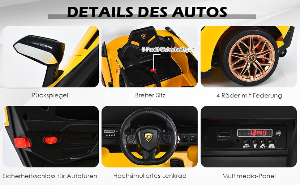 Дитячий електромобіль GOPLUS Lamborghini з пультом, Bluetooth, USB, музикою, для дітей 3-8 років, білий/жовтий