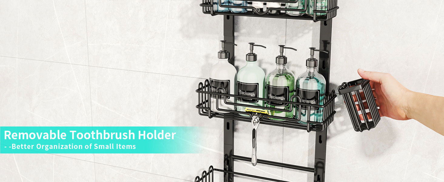 Настінна поличка для душу HapiRm з 4 ярусами, чорна - 22 гачки, 2 тримачі для зубних щіток