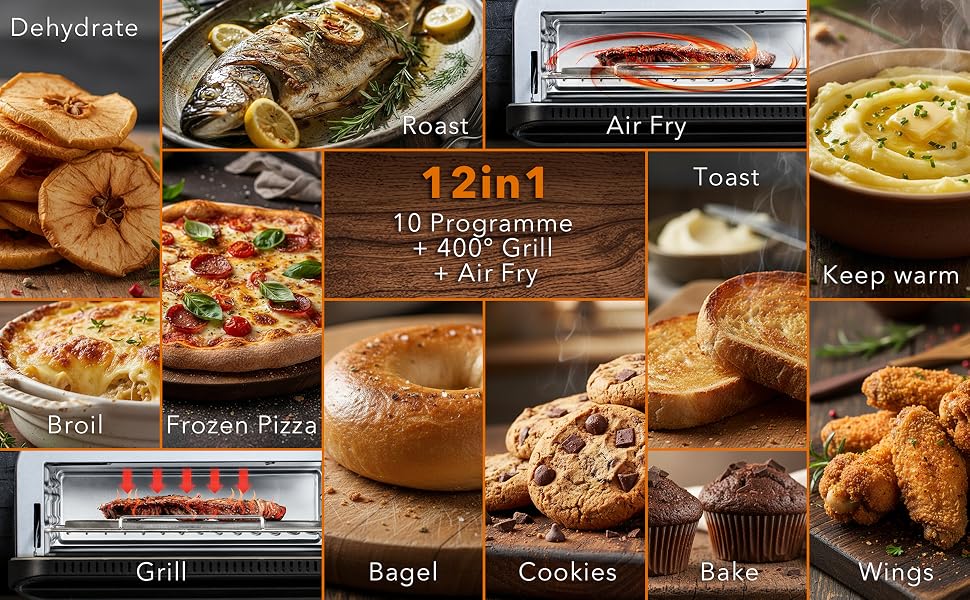Мультифункціональна піч PizzaAirfryer400 срібляста, 12 в 1: піч для піци до 400°C, аерофритюрниця, гриль, духовка з чавунним деко та каменем для випікання, XXL