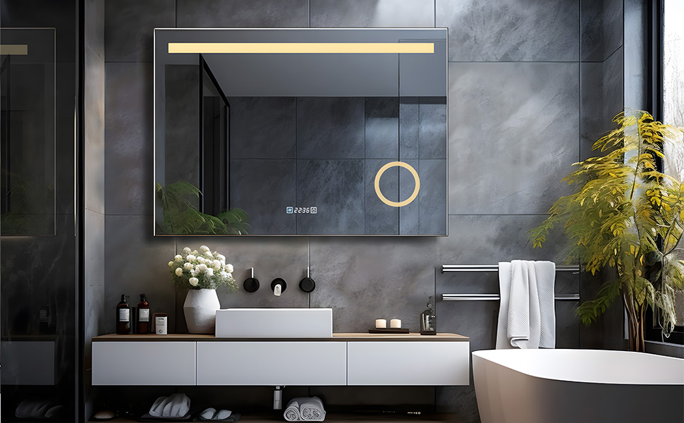 Дзеркало для ванної кімнати LISA LED 80x60 см з підсвічуванням, розеткою та годинником. Сенсорне регулювання, 3 кольори світла, антизапар.