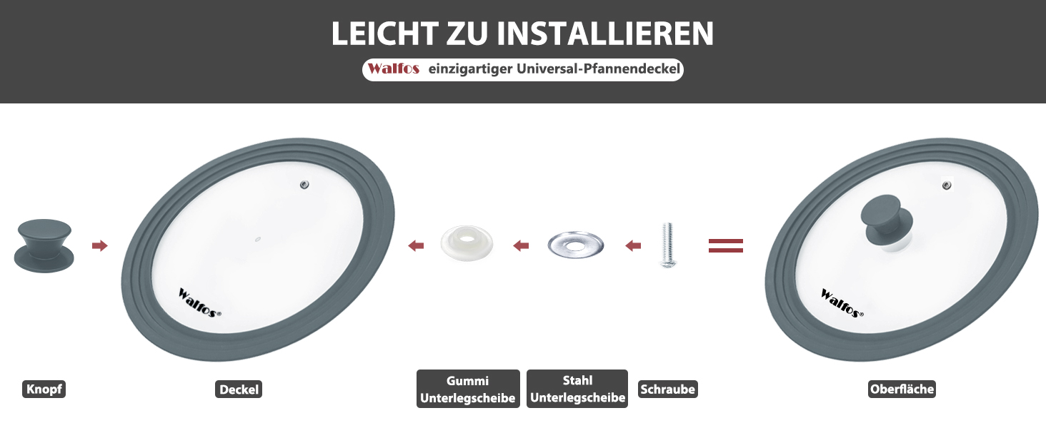 Універсальна скляна кришка для каструль та сковорідок Walfos з силіконовим обідком, термостійка, сіра (діаметр 33, 36, 38 см)