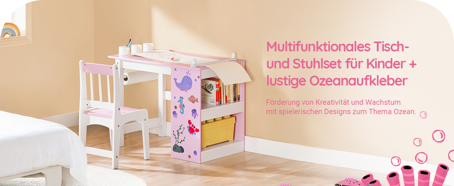 Дитячий стіл SoBuy з табуретом, комплект меблів для дитячої кімнати, ігровий та навчальний стіл для дітей, рожевий (80x66x50 см)