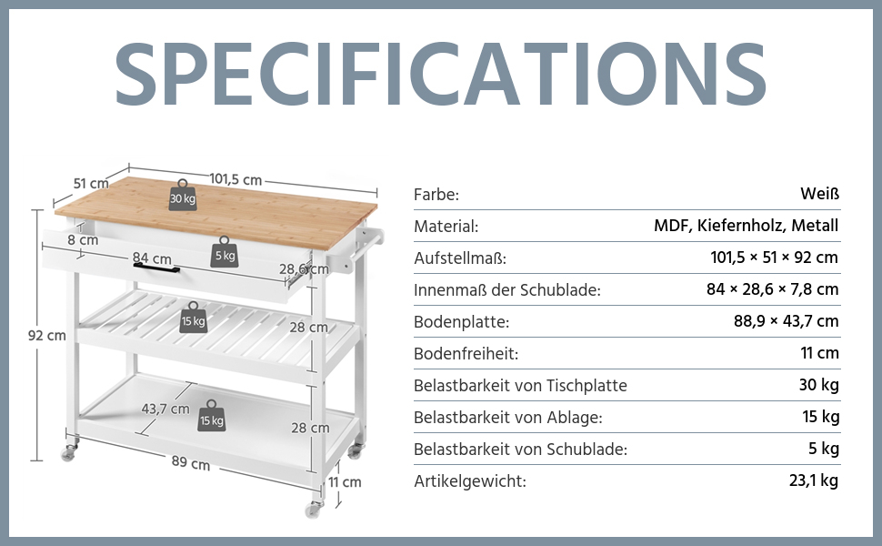Сервісний візок Yaheetech з шухлядою, кухонний візок з 2 полицями, мобільний візок, кухонна вітрина, мобільний острівець, білий, 51 x 101,5 x 92 см