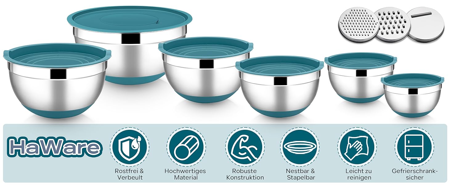 Набір мисок HaWare 6 шт. з нержавіючої сталі з кришками та тертками, 4.6/2.8/2.5/1.6/1.2/0.7 л, силіконове дно, миючі в посудомийній машині