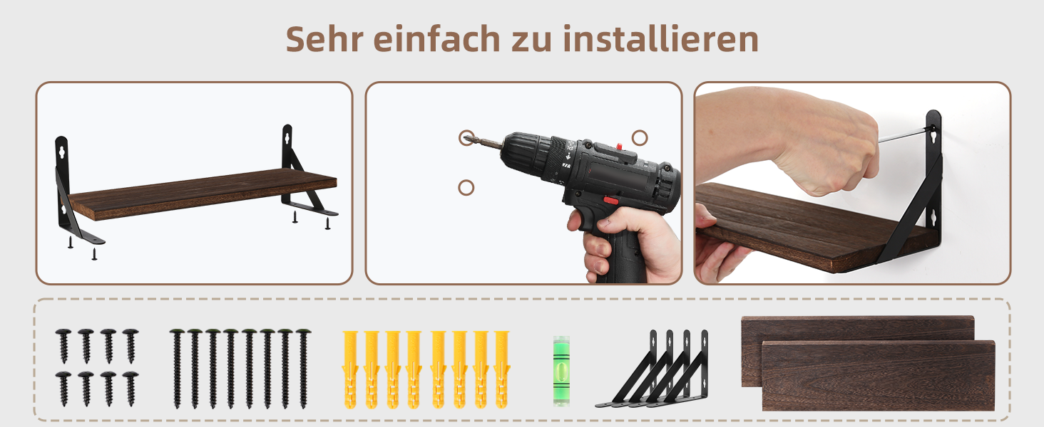 Настінна полиця з дерева Uten, рустикальна підвісна полиця з тримачем для рушників, 2 шт, темно-коричнева — для ванної, кухні, вітальні та спальні