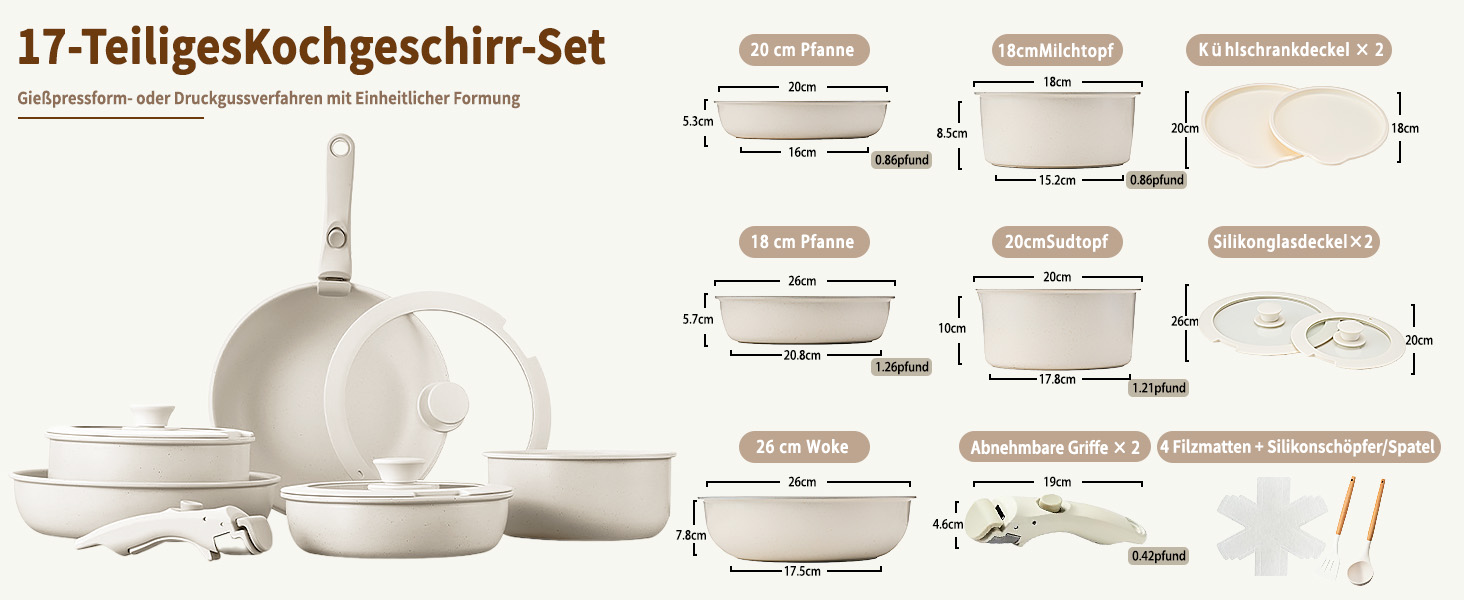 17-ти частинний набір каструль з знімним ручками: Набір посуду Induktion з антипригарним покриттям для всіх типів плит, придатний для миття в посудомийній машині (молочний білий)