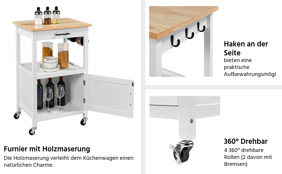 Кухонний візок Yaheetech на колесах з шафкою та полицею, 55x45x89 см, білий, у стилі кантрі