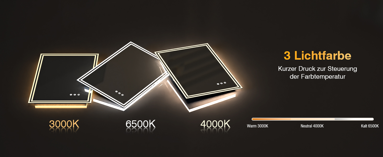 LED дзеркало для ванної кімнати з підсвічуванням 50x70 см, 3 кольори світла, регулювання яскравості, проти запотівання, сенсорне/кнопкове керування