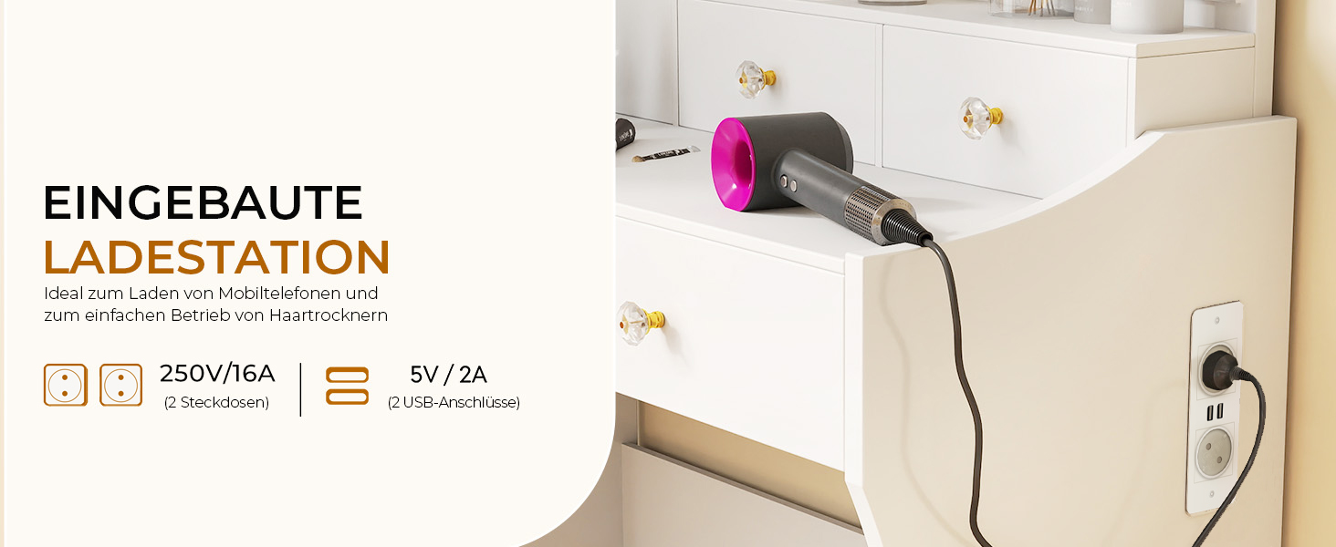 Трюмо COMHOMA з підсвічуванням, дзеркалом та прихованою LED-смугою, зі стільцем та 5 висувними ящиками, з розеткою, 3 колірні температури та регульована яскравість, білий